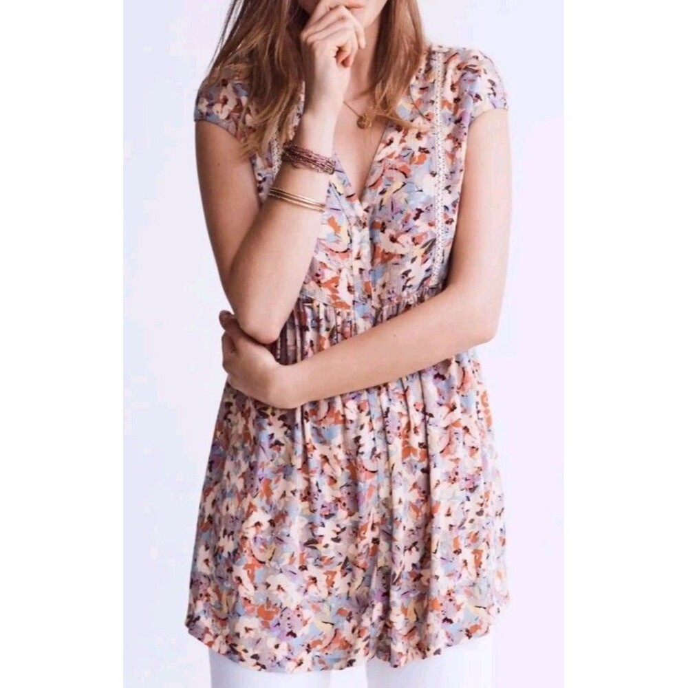 Vanessa Virginia Anthropologie Ladder Lace Cream Floral Tunic Blouse Top Size XS
